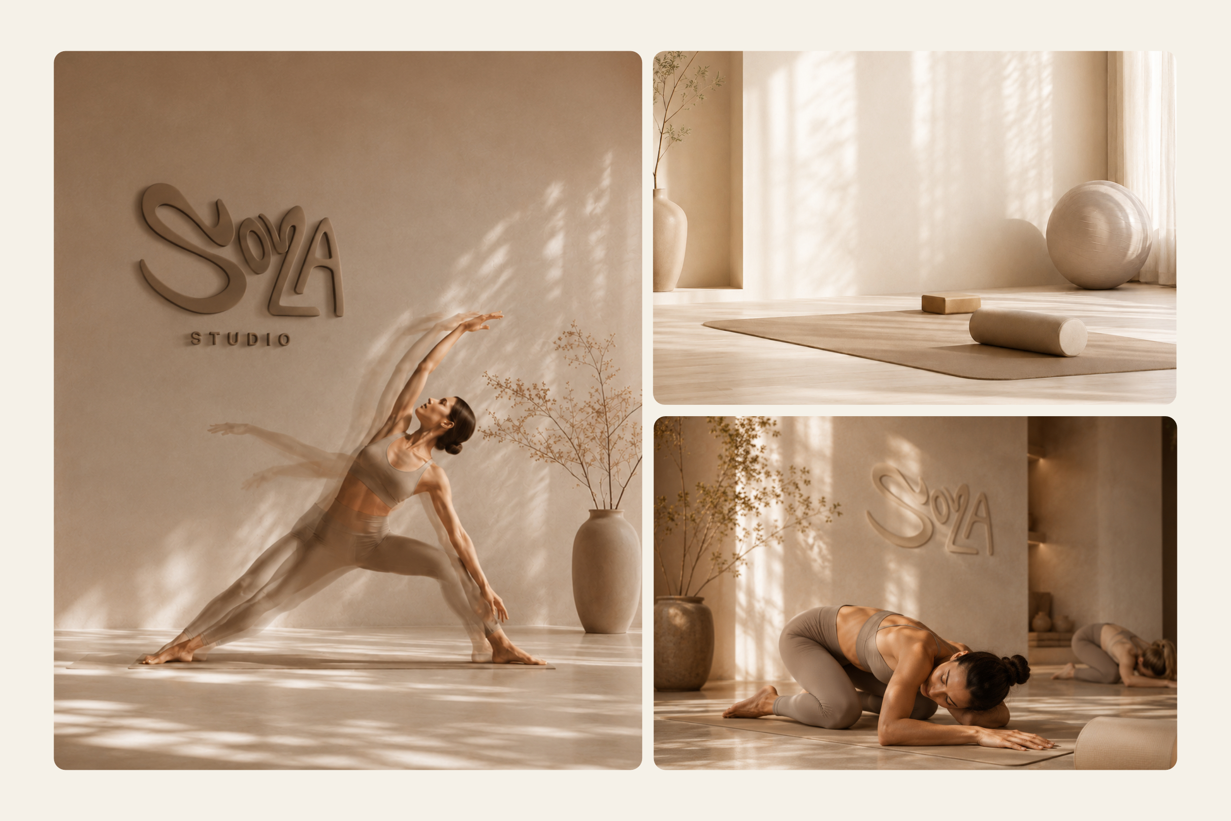 SOLA Studio wordmark with yoga poses and studio interiors
